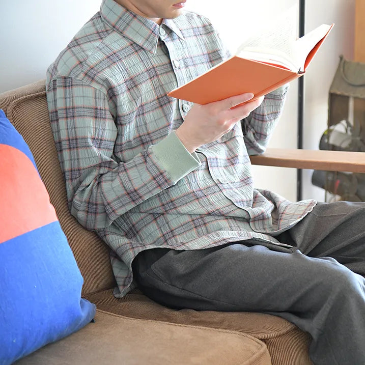 【通気性に優れて軽量・リブ袖なので袖のお直し要らず】サッカーチェックシャツ