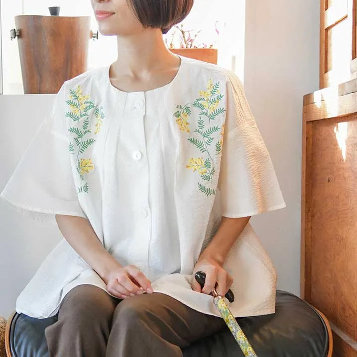 【透气性佳、100%纯棉、日本制造、可机洗】刺绣衬衫