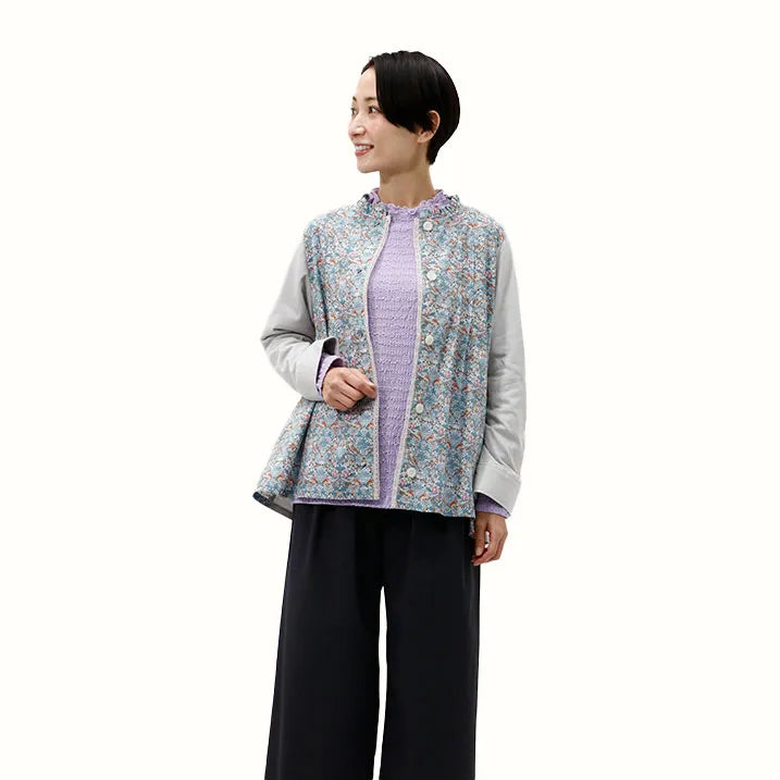 【顔まわりの印象もふんわり華やかに・日本製・綿100%・洗濯◎】リバティプリントレース付きブラウス
