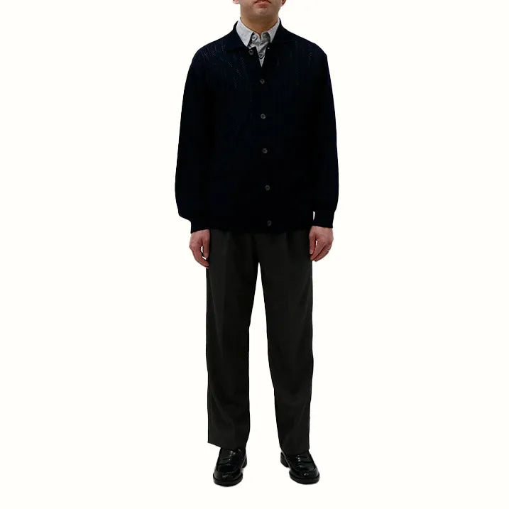 【抗菌防臭・きちんと見えの襟付きカーディン】メンズ透かし編みカーディガン