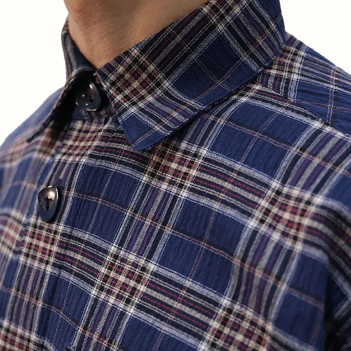 【通気性に優れて軽量・リブ袖なので袖のお直し要らず】サッカーチェックシャツ