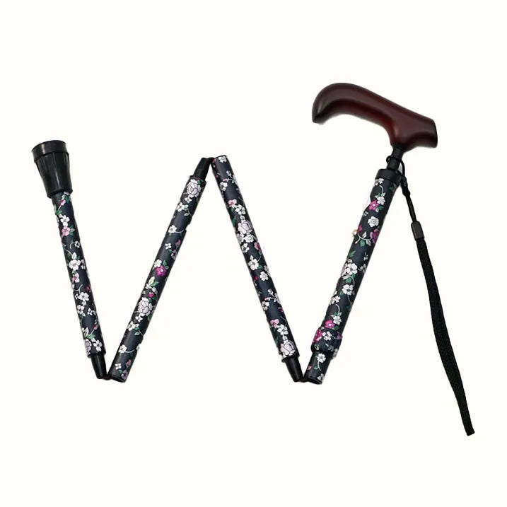 Easy-to-grip walking stick, extendable and foldable, floral pattern