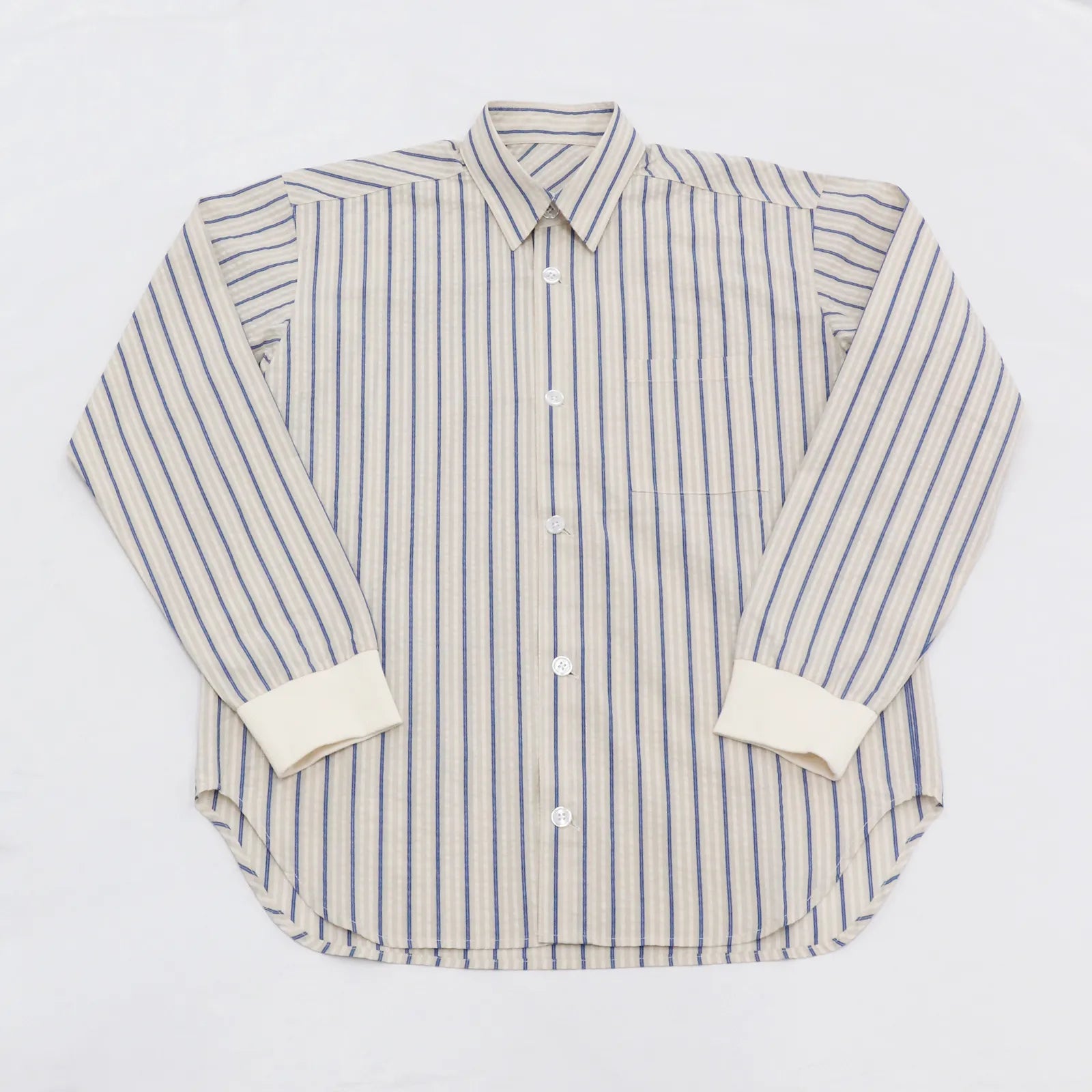 【綿100%・リブ袖なのでお直しいらず】ストライプサッカーシャツ