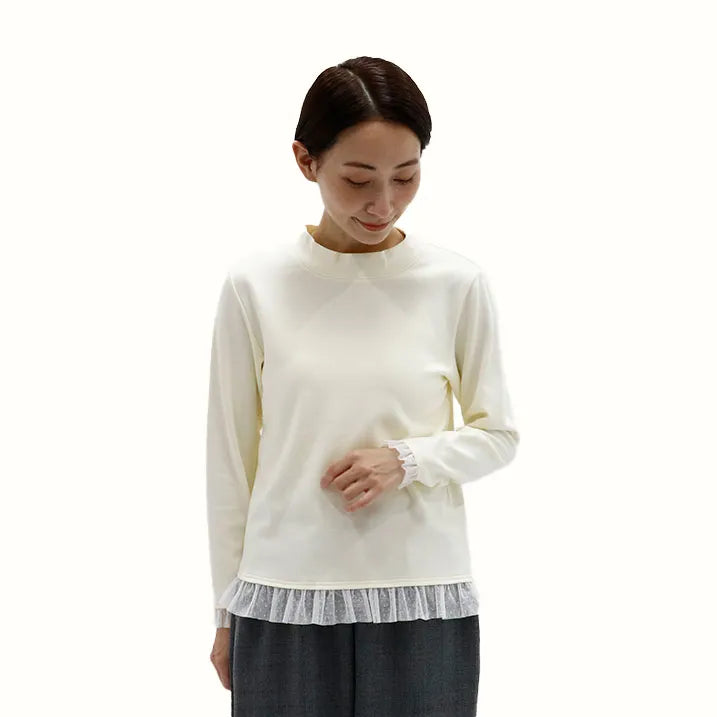 [Washable ◎ Soft and transparent tulle hem] Tulle hem pullover
