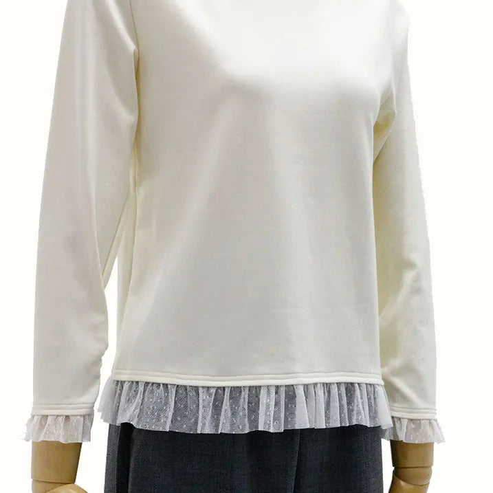 [Washable ◎ Soft and transparent tulle hem] Tulle hem pullover