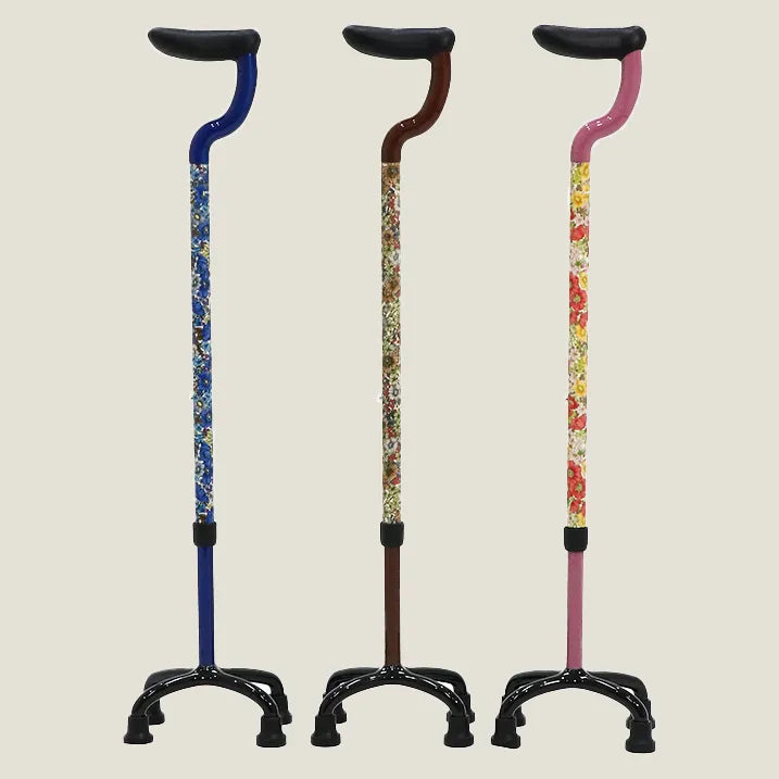 [自立式，可伸缩] 4 点扁平握把手杖，自由印花，GloriaFlowers