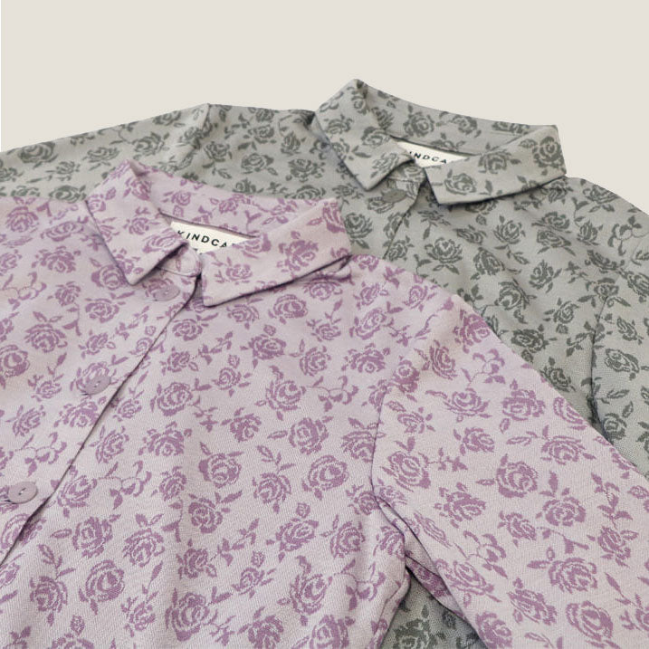 Shirt collar rose print blouse