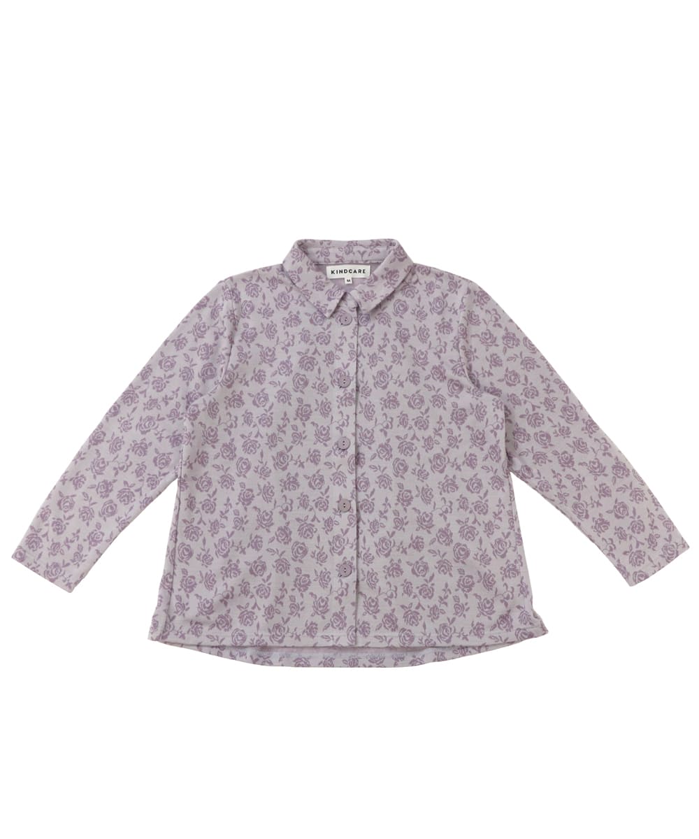 Shirt collar rose print blouse