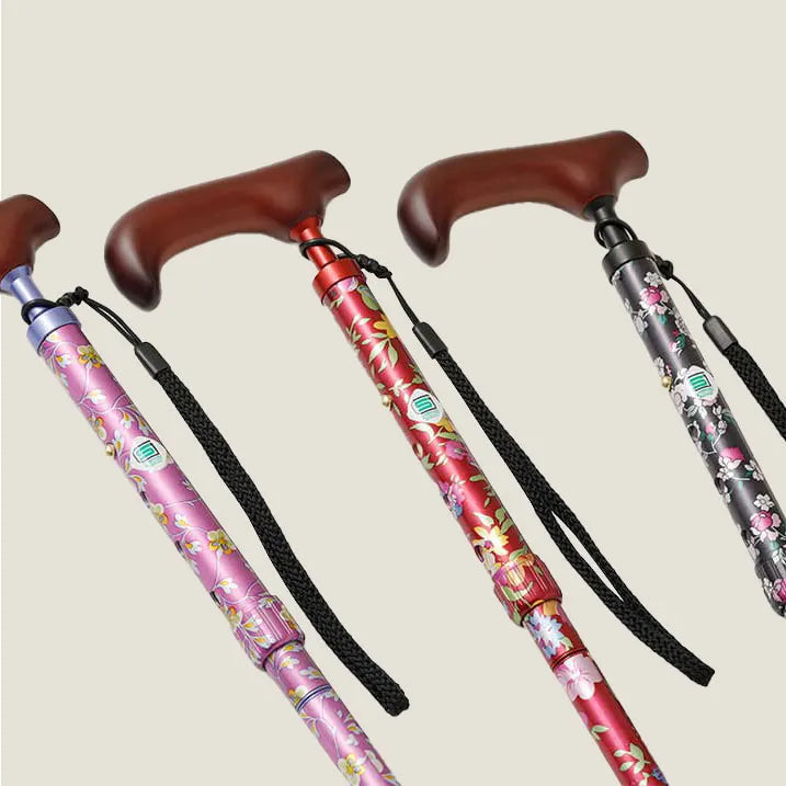 Easy-to-grip walking stick, extendable and foldable, floral pattern